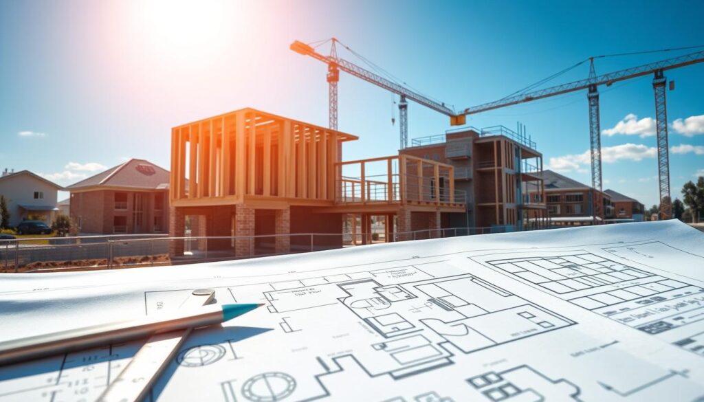 A modern architectural blueprint of a residential building under construction, showcasing a detailed floor plan and vertical sections. In the foreground, a set of professional tools such as a ruler, compass, and architectural scale. In the middle, a partially constructed structure with exposed framing and construction materials like bricks and steel beams. In the background, a construction site with a crane lifting materials, surrounded by scaffolding and a clear blue sky. The scene is illuminated by bright natural light, conveying a sense of optimism and progress. The mood is focused and industrious, emphasizing the essence of real estate development and home construction. A modern architectural blueprint of a residential building under construction, showcasing a detailed floor plan and vertical sections. In the foreground, a set of professional tools such as a ruler, compass, and architectural scale. In the middle, a partially constructed structure with exposed framing and construction materials like bricks and steel beams. In the background, a construction site with a crane lifting materials, surrounded by scaffolding and a clear blue sky. The scene is illuminated by bright natural light, conveying a sense of optimism and progress. The mood is focused and industrious, emphasizing the essence of real estate development and home construction.