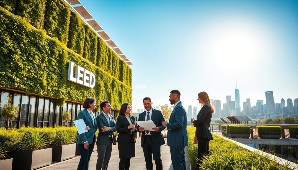 A modern architectural building representing LEED certification, showcasing its eco-friendly design, with green walls and solar panels. In the foreground, a diverse group of professionals in smart business attire discuss plans while holding LEED certification documents. The middle layer captures the building’s innovative features and lush green landscaping, with planters and native plants enhancing the eco-conscious theme. In the background, a vibrant city skyline glows under a clear blue sky, illuminated by warm sunlight, creating a positive and inspiring atmosphere. The scene is framed as if taken from a low-angle perspective, emphasizing the building's stature and prestige within the community. A modern architectural building representing LEED certification, showcasing its eco-friendly design, with green walls and solar panels. In the foreground, a diverse group of professionals in smart business attire discuss plans while holding LEED certification documents. The middle layer captures the building’s innovative features and lush green landscaping, with planters and native plants enhancing the eco-conscious theme. In the background, a vibrant city skyline glows under a clear blue sky, illuminated by warm sunlight, creating a positive and inspiring atmosphere. The scene is framed as if taken from a low-angle perspective, emphasizing the building's stature and prestige within the community.