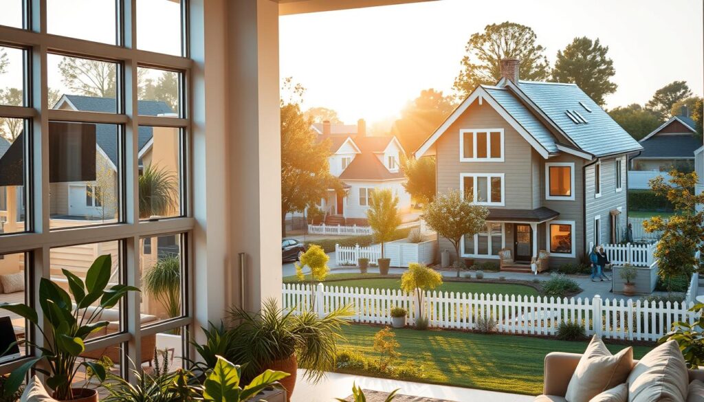 A modern architectural scene showcasing a safe and secure living environment for both a house and an apartment in a vibrant neighborhood. In the foreground, a well-lit, inviting living room of an apartment with large windows, filled with plants and comfortable furniture. The middle ground features a charming suburban house with a well-kept garden, surrounded by trees and a white picket fence. In the background, a bustling community with families enjoying time outdoors, reflecting a sense of safety and belonging. The lighting is warm and inviting, soft golden hour sunlight casting gentle shadows. The atmosphere conveys peace and security, emphasizing the importance of choosing a safe home environment. Capture the scene with a wide-angle lens to encompass both the house and apartment in harmony. A modern architectural scene showcasing a safe and secure living environment for both a house and an apartment in a vibrant neighborhood. In the foreground, a well-lit, inviting living room of an apartment with large windows, filled with plants and comfortable furniture. The middle ground features a charming suburban house with a well-kept garden, surrounded by trees and a white picket fence. In the background, a bustling community with families enjoying time outdoors, reflecting a sense of safety and belonging. The lighting is warm and inviting, soft golden hour sunlight casting gentle shadows. The atmosphere conveys peace and security, emphasizing the importance of choosing a safe home environment. Capture the scene with a wide-angle lens to encompass both the house and apartment in harmony.