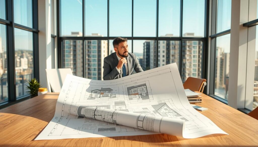 A modern architectural scene showcasing a stylized blueprint of a residential building. In the foreground, a detailed blueprint on a wooden table, featuring measurements, annotations, and colorful renderings of the property. In the middle, a professional architect in smart casual attire is analyzing the plans, with a thoughtful expression, surrounded by construction materials like samples of tiles and paint swatches. The background shows a sunlit office environment, filled with large windows displaying a view of distant city buildings under a clear blue sky. Soft lighting creates a warm, inviting atmosphere, capturing the excitement and anticipation of purchasing property off-plan while subtly hinting at the risks involved. A modern architectural scene showcasing a stylized blueprint of a residential building. In the foreground, a detailed blueprint on a wooden table, featuring measurements, annotations, and colorful renderings of the property. In the middle, a professional architect in smart casual attire is analyzing the plans, with a thoughtful expression, surrounded by construction materials like samples of tiles and paint swatches. The background shows a sunlit office environment, filled with large windows displaying a view of distant city buildings under a clear blue sky. Soft lighting creates a warm, inviting atmosphere, capturing the excitement and anticipation of purchasing property off-plan while subtly hinting at the risks involved.
