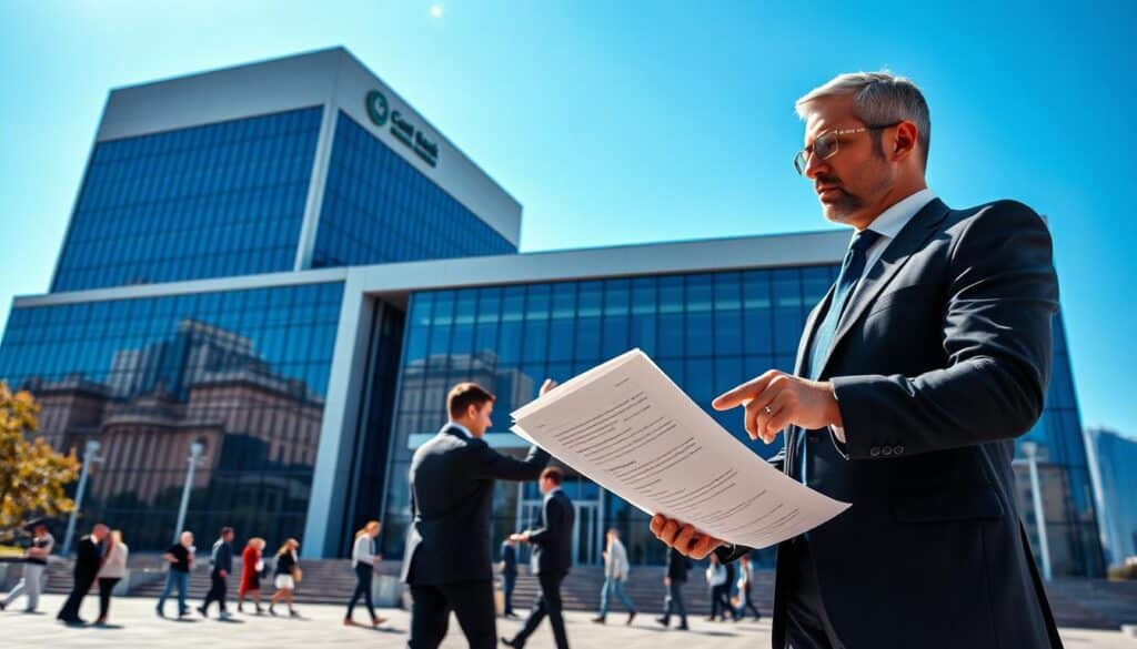 A modern central bank building, showcasing a sleek and imposing architectural design with large glass windows reflecting the skyline. In the foreground, a professional businessperson in formal attire examines financial documents, symbolizing the decision-making process in financing a property. The middle ground features people engaging in discussions outside the bank, conveying a sense of collaboration and financial activity. The background reveals a bustling cityscape under a clear blue sky, lighting casting soft shadows on the structure, creating an atmosphere of confidence and stability. The image is captured from a slightly elevated angle, emphasizing the bank's prominence and importance in the financial sector. A modern central bank building, showcasing a sleek and imposing architectural design with large glass windows reflecting the skyline. In the foreground, a professional businessperson in formal attire examines financial documents, symbolizing the decision-making process in financing a property. The middle ground features people engaging in discussions outside the bank, conveying a sense of collaboration and financial activity. The background reveals a bustling cityscape under a clear blue sky, lighting casting soft shadows on the structure, creating an atmosphere of confidence and stability. The image is captured from a slightly elevated angle, emphasizing the bank's prominence and importance in the financial sector.
