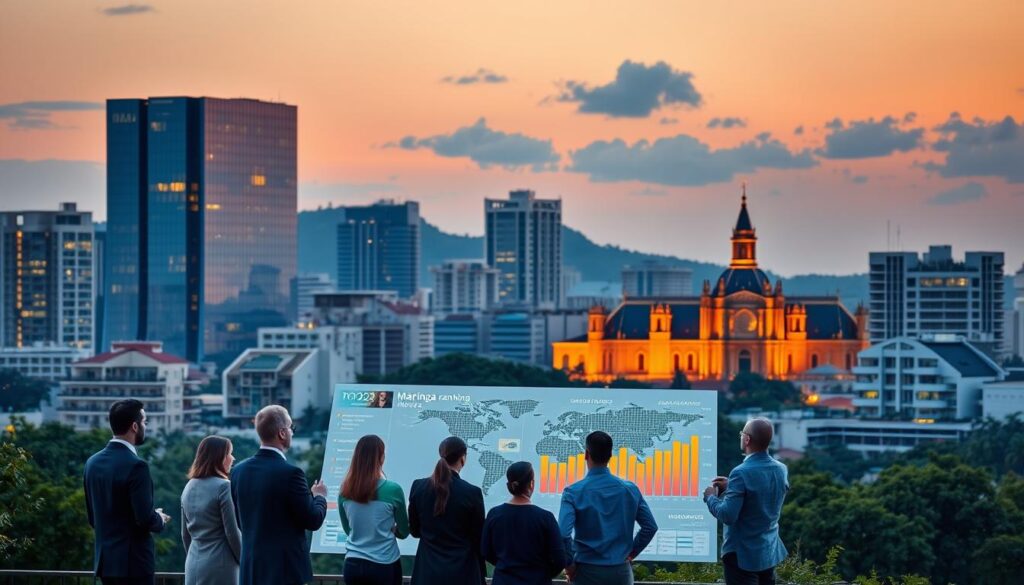 A modern city skyline of Maringá at dusk, showcasing a mixture of contemporary architecture and lush greenery. In the foreground, a group of diverse professionals in business attire are analyzing a large digital map displaying real estate ranking metrics. The middle ground features a sleek office building with reflective glass, symbolizing growth and investment opportunities. The background reveals Maringá’s iconic cathedral, lit warmly, contributing to the vibrant atmosphere. The lighting is a soft blend of orange and blue from the setting sun, casting a hopeful glow over the scene. The mood is one of optimism and ambition, reflecting the potential for real estate appreciation in the city. Capture this with a wide-angle lens for a dynamic perspective. A modern city skyline of Maringá at dusk, showcasing a mixture of contemporary architecture and lush greenery. In the foreground, a group of diverse professionals in business attire are analyzing a large digital map displaying real estate ranking metrics. The middle ground features a sleek office building with reflective glass, symbolizing growth and investment opportunities. The background reveals Maringá’s iconic cathedral, lit warmly, contributing to the vibrant atmosphere. The lighting is a soft blend of orange and blue from the setting sun, casting a hopeful glow over the scene. The mood is one of optimism and ambition, reflecting the potential for real estate appreciation in the city. Capture this with a wide-angle lens for a dynamic perspective.