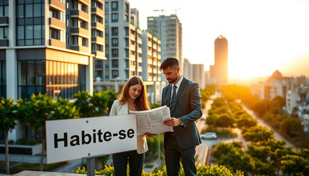 A modern cityscape of Maringá, Brazil, during the golden hour, showcasing a prominent building with a "Habite-se" sign prominently displayed at the entrance. In the foreground, a well-dressed professional couple, appearing engaged and optimistic, review architectural blueprints along with a friendly advisor standing beside them, all in business attire. The middle ground features various residential buildings, emphasizing legal compliance and construction legitimacy, with lush greenery lining the streets. In the background, silhouette of distinctive Maringá landmarks and a soft sunset sky, casting warm, inviting light over the scene, creating a sense of community and trust in property regulations. The atmosphere feels hopeful and professional, reflecting the significance of the "Habite-se" document in the real estate process. A modern cityscape of Maringá, Brazil, during the golden hour, showcasing a prominent building with a "Habite-se" sign prominently displayed at the entrance. In the foreground, a well-dressed professional couple, appearing engaged and optimistic, review architectural blueprints along with a friendly advisor standing beside them, all in business attire. The middle ground features various residential buildings, emphasizing legal compliance and construction legitimacy, with lush greenery lining the streets. In the background, silhouette of distinctive Maringá landmarks and a soft sunset sky, casting warm, inviting light over the scene, creating a sense of community and trust in property regulations. The atmosphere feels hopeful and professional, reflecting the significance of the "Habite-se" document in the real estate process.