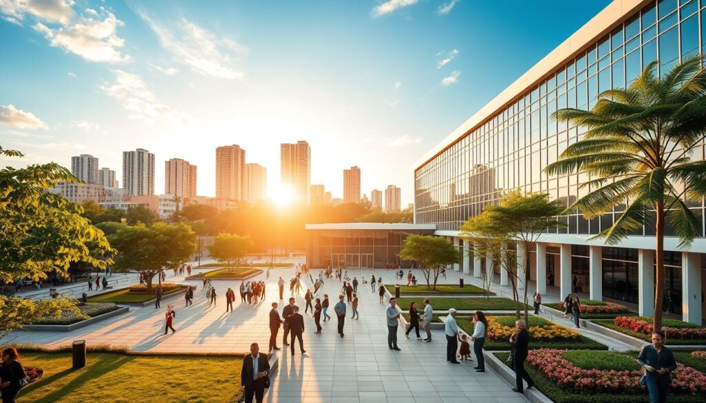 A modern civic center in Maringá, Brazil, showcasing a vibrant urban landscape. In the foreground, a spacious plaza features contemporary architecture with green spaces, people in professional business attire engaged in conversations, and families enjoying the area. The middle ground highlights the civic building with large glass windows reflecting the brilliant sunlight. Surrounding trees and colorful flower beds add a touch of nature. In the background, the skyline of Maringá is visible, emphasizing the city's growth with rising residential towers and overhead blue skies. The scene is illuminated by soft, warm golden hour lighting, evoking a sense of community and opportunity. The angle is slightly elevated, providing a panoramic view of this revitalized urban hub. A modern civic center in Maringá, Brazil, showcasing a vibrant urban landscape. In the foreground, a spacious plaza features contemporary architecture with green spaces, people in professional business attire engaged in conversations, and families enjoying the area. The middle ground highlights the civic building with large glass windows reflecting the brilliant sunlight. Surrounding trees and colorful flower beds add a touch of nature. In the background, the skyline of Maringá is visible, emphasizing the city's growth with rising residential towers and overhead blue skies. The scene is illuminated by soft, warm golden hour lighting, evoking a sense of community and opportunity. The angle is slightly elevated, providing a panoramic view of this revitalized urban hub.