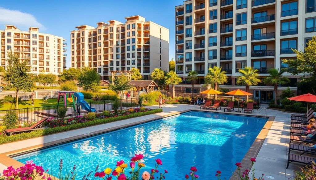 A modern condominium complex featuring a vibrant leisure area, showcasing well-maintained landscaping with colorful flowers and lush greenery. In the foreground, a sparkling swimming pool reflects the bright blue sky, surrounded by cozy lounge chairs and vibrant umbrellas. The middle ground includes a children's play area with safe, fun equipment and families enjoying a sunny day. In the background, the condominium buildings rise gracefully, designed with contemporary architecture and large windows letting in natural light. The scene is bathed in warm, golden sunlight, creating a welcoming and relaxed atmosphere. The image captures the essence of an inviting community space where residents can unwind and connect. A modern condominium complex featuring a vibrant leisure area, showcasing well-maintained landscaping with colorful flowers and lush greenery. In the foreground, a sparkling swimming pool reflects the bright blue sky, surrounded by cozy lounge chairs and vibrant umbrellas. The middle ground includes a children's play area with safe, fun equipment and families enjoying a sunny day. In the background, the condominium buildings rise gracefully, designed with contemporary architecture and large windows letting in natural light. The scene is bathed in warm, golden sunlight, creating a welcoming and relaxed atmosphere. The image captures the essence of an inviting community space where residents can unwind and connect.