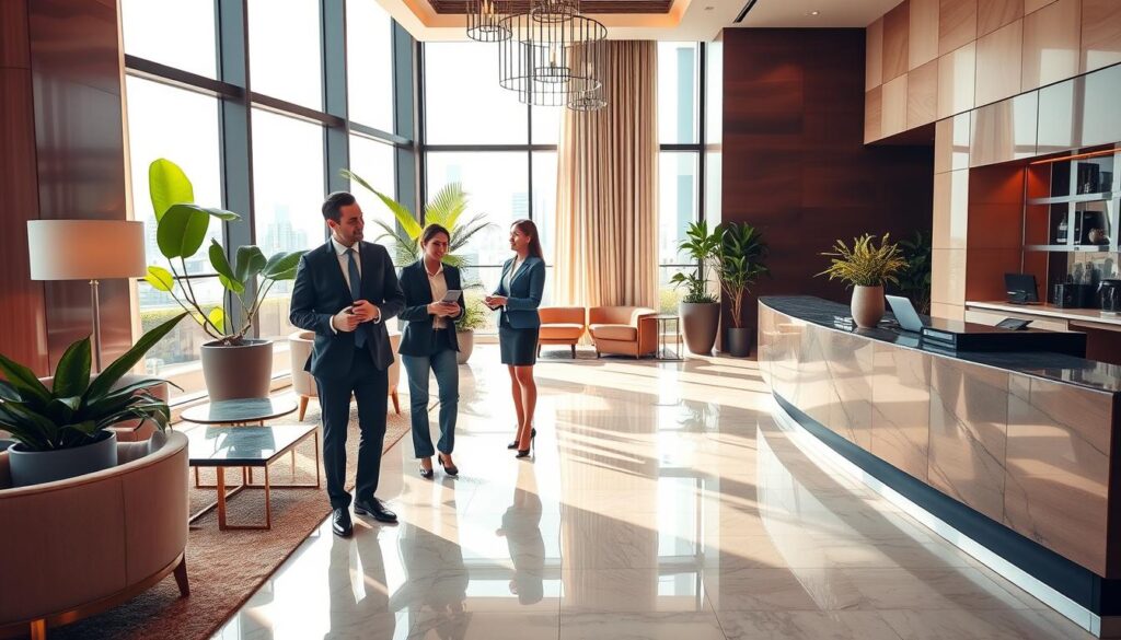 A modern condominium lobby in Maringá, showcasing a blend of luxury and functionality. In the foreground, a professional property manager in smart business attire interacts with a couple of potential tenants, discussing the building’s services, with a welcoming smile. The middle layer displays elegant furniture, lush indoor plants, and a reception desk with an aesthetically pleasing design. In the background, large windows reveal a sunny day outside, allowing natural light to flood in, casting soft shadows. The atmosphere is inviting and sophisticated, emphasizing the quality of living in high-end buildings. The scene should be well-composed, using a warm color palette and soft lighting, with a focus on details that highlight the upscale nature of condominium services in an urban setting. A modern condominium lobby in Maringá, showcasing a blend of luxury and functionality. In the foreground, a professional property manager in smart business attire interacts with a couple of potential tenants, discussing the building’s services, with a welcoming smile. The middle layer displays elegant furniture, lush indoor plants, and a reception desk with an aesthetically pleasing design. In the background, large windows reveal a sunny day outside, allowing natural light to flood in, casting soft shadows. The atmosphere is inviting and sophisticated, emphasizing the quality of living in high-end buildings. The scene should be well-composed, using a warm color palette and soft lighting, with a focus on details that highlight the upscale nature of condominium services in an urban setting.
