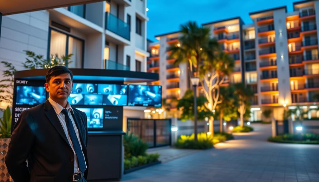A modern condominium security scene showcasing the evolution of security practices in Maringá. In the foreground, a professional security guard in smart, modest attire stands confidently, monitoring the entrance of a contemporary residential building. The middle ground features a security kiosk with surveillance monitors displaying various live camera feeds, highlighting high-tech advancements. In the background, a well-lit, stylish condominium complex stands with lush greenery and illuminated pathways, creating a warm atmosphere. The lighting is soft and inviting, reminiscent of a safe evening environment. Capture the essence of community safety combined with cutting-edge technology, emphasizing a peaceful yet vigilant residential lifestyle. Use a slightly elevated angle to provide an overview while maintaining focus on the security features. A modern condominium security scene showcasing the evolution of security practices in Maringá. In the foreground, a professional security guard in smart, modest attire stands confidently, monitoring the entrance of a contemporary residential building. The middle ground features a security kiosk with surveillance monitors displaying various live camera feeds, highlighting high-tech advancements. In the background, a well-lit, stylish condominium complex stands with lush greenery and illuminated pathways, creating a warm atmosphere. The lighting is soft and inviting, reminiscent of a safe evening environment. Capture the essence of community safety combined with cutting-edge technology, emphasizing a peaceful yet vigilant residential lifestyle. Use a slightly elevated angle to provide an overview while maintaining focus on the security features.