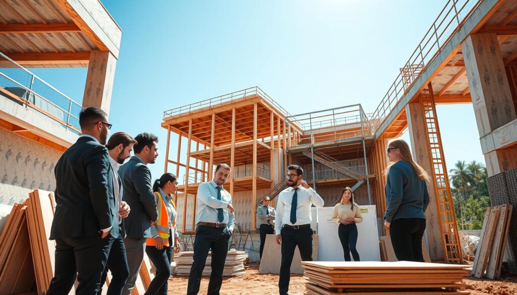 A modern construction site in Brazil showcasing "construção a seco" methods. In the foreground, a team of diverse professionals in business attire collaborates around innovative building materials like prefabricated panels and drywall. The middle ground features a partially constructed building with clear evidence of dry construction techniques, such as exposed metal frames and insulation materials. In the background, a sunny blue sky provides bright natural lighting, enhancing the contemporary vibe of the site. The scene is captured from a slightly elevated angle to show the integration of technology and method, conveying a professional and forward-thinking atmosphere focused on efficient building practices. A modern construction site in Brazil showcasing "construção a seco" methods. In the foreground, a team of diverse professionals in business attire collaborates around innovative building materials like prefabricated panels and drywall. The middle ground features a partially constructed building with clear evidence of dry construction techniques, such as exposed metal frames and insulation materials. In the background, a sunny blue sky provides bright natural lighting, enhancing the contemporary vibe of the site. The scene is captured from a slightly elevated angle to show the integration of technology and method, conveying a professional and forward-thinking atmosphere focused on efficient building practices.