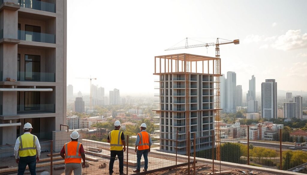 A modern construction site in Maringá with an unfinished apartment building in the foreground, emphasizing the potential for investment. Workers in professional attire, such as hard hats and safety vests, are actively engaged in construction, showcasing teamwork and progress. In the middle ground, a partially erected structure highlights the architectural style typical of Maringá, with clean lines and ample glass. The background features the vibrant city skyline, blending urban life with construction. Soft, natural sunlight filters through, casting dynamic shadows that add depth to the scene. The overall mood conveys optimism and opportunity, inviting viewers to imagine the finished apartments as desirable living spaces in a vibrant community. A modern construction site in Maringá with an unfinished apartment building in the foreground, emphasizing the potential for investment. Workers in professional attire, such as hard hats and safety vests, are actively engaged in construction, showcasing teamwork and progress. In the middle ground, a partially erected structure highlights the architectural style typical of Maringá, with clean lines and ample glass. The background features the vibrant city skyline, blending urban life with construction. Soft, natural sunlight filters through, casting dynamic shadows that add depth to the scene. The overall mood conveys optimism and opportunity, inviting viewers to imagine the finished apartments as desirable living spaces in a vibrant community.