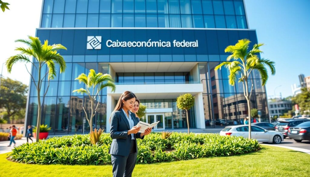 A modern exterior view of the Caixa Econômica Federal building in Maringá, Brazil. The building features a sleek glass facade with the bank's logo prominently displayed. In the foreground, a professional couple dressed in business attire stands together, discussing a home financing brochure, symbolizing hope and ambition. Lush greenery and ornamental trees surround the building, creating a welcoming atmosphere. The middle ground highlights a clear blue sky, casting soft natural light onto the scene, while the background includes bustling city life with people walking and cars moving, showcasing the vibrant energy of Maringá. Shot from a slightly low angle to emphasize the building's height and significance. The overall mood is positive and encouraging, reflective of financial opportunities. A modern exterior view of the Caixa Econômica Federal building in Maringá, Brazil. The building features a sleek glass facade with the bank's logo prominently displayed. In the foreground, a professional couple dressed in business attire stands together, discussing a home financing brochure, symbolizing hope and ambition. Lush greenery and ornamental trees surround the building, creating a welcoming atmosphere. The middle ground highlights a clear blue sky, casting soft natural light onto the scene, while the background includes bustling city life with people walking and cars moving, showcasing the vibrant energy of Maringá. Shot from a slightly low angle to emphasize the building's height and significance. The overall mood is positive and encouraging, reflective of financial opportunities.
