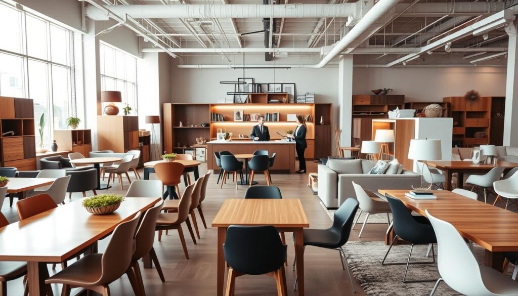 A modern furniture showroom in Maringá displaying a variety of custom-designed furniture pieces. The foreground features a well-organized arrangement of contemporary dining tables and stylish chairs, showcasing local craftsmanship. In the middle ground, a sleek reception area highlights the welcoming ambiance, with friendly staff in professional attire assisting customers. In the background, large windows allow natural light to flood the space, enhancing the vibrant colors of the furniture. The overall mood is inviting and professional, with warm tones and soft shadows creating a cozy atmosphere. The perspective is slightly angled to capture the depth of the showroom, emphasizing its spaciousness and modern design. A modern furniture showroom in Maringá displaying a variety of custom-designed furniture pieces. The foreground features a well-organized arrangement of contemporary dining tables and stylish chairs, showcasing local craftsmanship. In the middle ground, a sleek reception area highlights the welcoming ambiance, with friendly staff in professional attire assisting customers. In the background, large windows allow natural light to flood the space, enhancing the vibrant colors of the furniture. The overall mood is inviting and professional, with warm tones and soft shadows creating a cozy atmosphere. The perspective is slightly angled to capture the depth of the showroom, emphasizing its spaciousness and modern design.