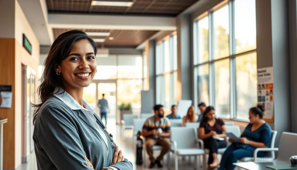 A modern healthcare scene showcasing a bustling hospital reception area in Maringá, Brazil. In the foreground, a friendly receptionist welcomes patients, dressed in professional attire, with a bright smile. The middle layer features patients of diverse backgrounds sitting in a clean, organized waiting area. They are engaged in conversation or quietly reading. In the background, large windows allow warm sunlight to flood in, illuminating the space and creating a welcoming atmosphere. Healthcare posters can be seen on the walls, emphasizing health education. The lighting is bright and inviting, with a focus on the warm tones of the interior. The overall mood conveys a sense of trust, care, and efficiency in the healthcare system. A modern healthcare scene showcasing a bustling hospital reception area in Maringá, Brazil. In the foreground, a friendly receptionist welcomes patients, dressed in professional attire, with a bright smile. The middle layer features patients of diverse backgrounds sitting in a clean, organized waiting area. They are engaged in conversation or quietly reading. In the background, large windows allow warm sunlight to flood in, illuminating the space and creating a welcoming atmosphere. Healthcare posters can be seen on the walls, emphasizing health education. The lighting is bright and inviting, with a focus on the warm tones of the interior. The overall mood conveys a sense of trust, care, and efficiency in the healthcare system.