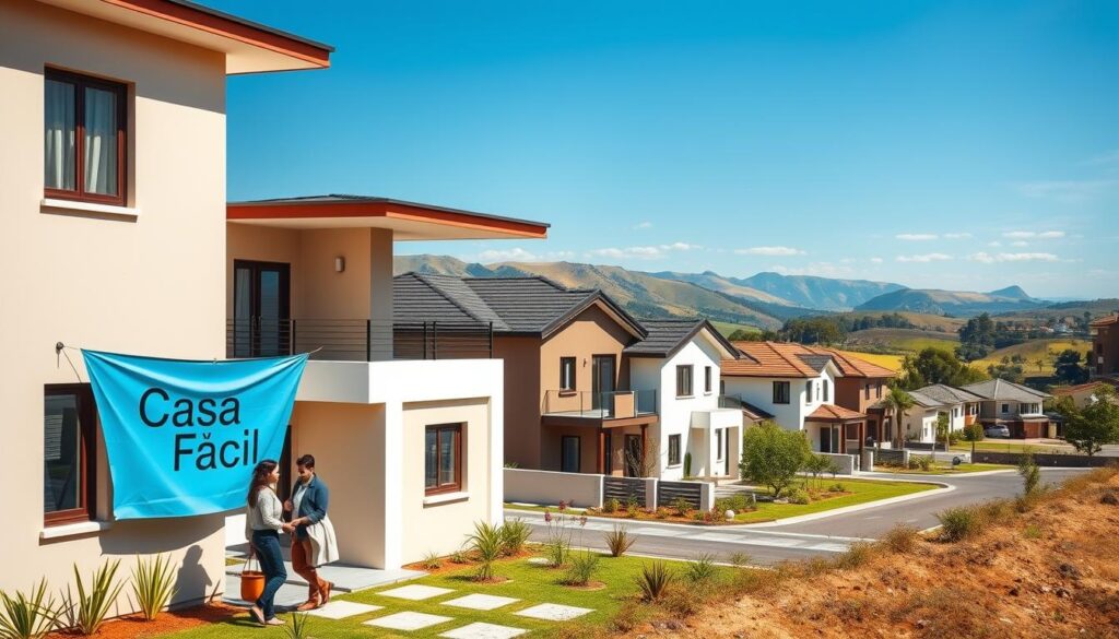 A modern housing development scene in Paraná, showcasing several elegant houses designed for the Casa Fácil program. In the foreground, a couple in professional attire reviews plans outside a bright, welcoming home with a "Casa Fácil" banner subtly integrated into the design. The middle ground features houses with distinct architectural styles, surrounded by flourishing gardens and friendly neighboring homes, all bathed in warm, natural sunlight. In the background, the lush Paraná landscape unfolds, with rolling hills and a clear blue sky. The atmosphere is optimistic and inviting, reflecting the promise of affordable housing and community growth. The image captures a sense of hope and opportunity for families seeking home ownership in Maringá. A modern housing development scene in Paraná, showcasing several elegant houses designed for the Casa Fácil program. In the foreground, a couple in professional attire reviews plans outside a bright, welcoming home with a "Casa Fácil" banner subtly integrated into the design. The middle ground features houses with distinct architectural styles, surrounded by flourishing gardens and friendly neighboring homes, all bathed in warm, natural sunlight. In the background, the lush Paraná landscape unfolds, with rolling hills and a clear blue sky. The atmosphere is optimistic and inviting, reflecting the promise of affordable housing and community growth. The image captures a sense of hope and opportunity for families seeking home ownership in Maringá.