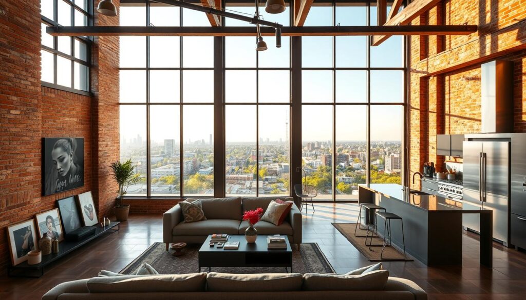 A modern industrial loft in Maringá, characterized by large windows letting in bright natural light, highlighting exposed brick walls and wooden beams. In the foreground, a stylish living area features a comfortable sofa, a designer coffee table, and artistic decor. In the middle ground, a sleek kitchen with stainless steel appliances and a large island is visible, blending functionality with contemporary design. The backdrop showcases a panoramic view of Maringá’s skyline, with green parks and urban architecture. The scene is bathed in warm, inviting lighting, creating a cozy atmosphere that reflects the rising popularity of loft living. Capture this composition in a slightly elevated angle to emphasize the spaciousness and stylish elements of the loft. No people are included in the image. A modern industrial loft in Maringá, characterized by large windows letting in bright natural light, highlighting exposed brick walls and wooden beams. In the foreground, a stylish living area features a comfortable sofa, a designer coffee table, and artistic decor. In the middle ground, a sleek kitchen with stainless steel appliances and a large island is visible, blending functionality with contemporary design. The backdrop showcases a panoramic view of Maringá’s skyline, with green parks and urban architecture. The scene is bathed in warm, inviting lighting, creating a cozy atmosphere that reflects the rising popularity of loft living. Capture this composition in a slightly elevated angle to emphasize the spaciousness and stylish elements of the loft. No people are included in the image.