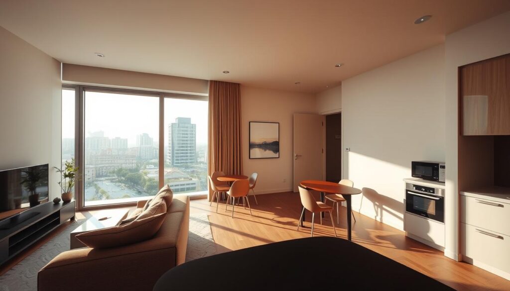 A modern investment studio apartment near Unicesumar, featuring stylish, minimalist interior design. In the foreground, display a well-furnished living space with a cozy sofa, a small dining table, and a kitchenette, showcasing an inviting atmosphere. In the middle ground, include large windows letting in bright daylight, highlighting the urban landscape outside, perhaps a glimpse of the Unicesumar campus in the background. The scene should evoke a sense of opportunity and comfort, with warm lighting to create a welcoming ambiance. Use a wide-angle perspective to capture the entire space, emphasizing its functionality and appeal for potential investors. The overall mood should suggest sophistication and ambition, suitable for a young professional or student lifestyle. A modern investment studio apartment near Unicesumar, featuring stylish, minimalist interior design. In the foreground, display a well-furnished living space with a cozy sofa, a small dining table, and a kitchenette, showcasing an inviting atmosphere. In the middle ground, include large windows letting in bright daylight, highlighting the urban landscape outside, perhaps a glimpse of the Unicesumar campus in the background. The scene should evoke a sense of opportunity and comfort, with warm lighting to create a welcoming ambiance. Use a wide-angle perspective to capture the entire space, emphasizing its functionality and appeal for potential investors. The overall mood should suggest sophistication and ambition, suitable for a young professional or student lifestyle.