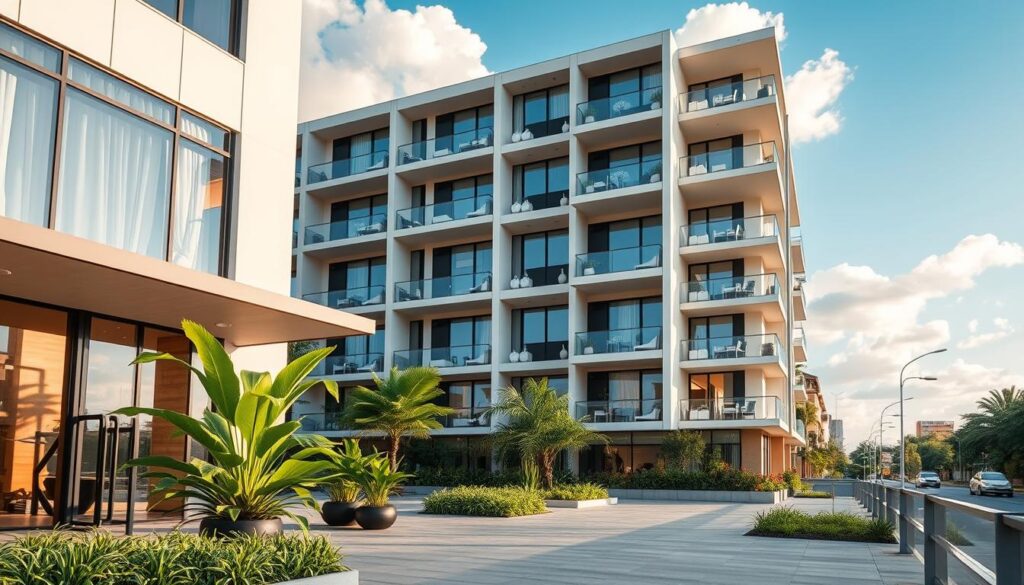 A modern, inviting apartment building for sale in Maringá, showcasing contemporary architectural design with large, sunlit windows. In the foreground, a well-maintained entryway with lush green plants and a welcoming atmosphere. In the middle ground, several floors of the building displaying various apartments with balconies adorned with tasteful decor. In the background, a clear blue sky with soft, fluffy clouds casts natural light on the scene. Capture the image from a slightly elevated angle to emphasize the building's structure and surroundings. The mood should be warm and inviting, evoking a sense of comfort and aspiration for potential homeowners. Ensure the setting is urban but with hints of greenery in the environment. A modern, inviting apartment building for sale in Maringá, showcasing contemporary architectural design with large, sunlit windows. In the foreground, a well-maintained entryway with lush green plants and a welcoming atmosphere. In the middle ground, several floors of the building displaying various apartments with balconies adorned with tasteful decor. In the background, a clear blue sky with soft, fluffy clouds casts natural light on the scene. Capture the image from a slightly elevated angle to emphasize the building's structure and surroundings. The mood should be warm and inviting, evoking a sense of comfort and aspiration for potential homeowners. Ensure the setting is urban but with hints of greenery in the environment.