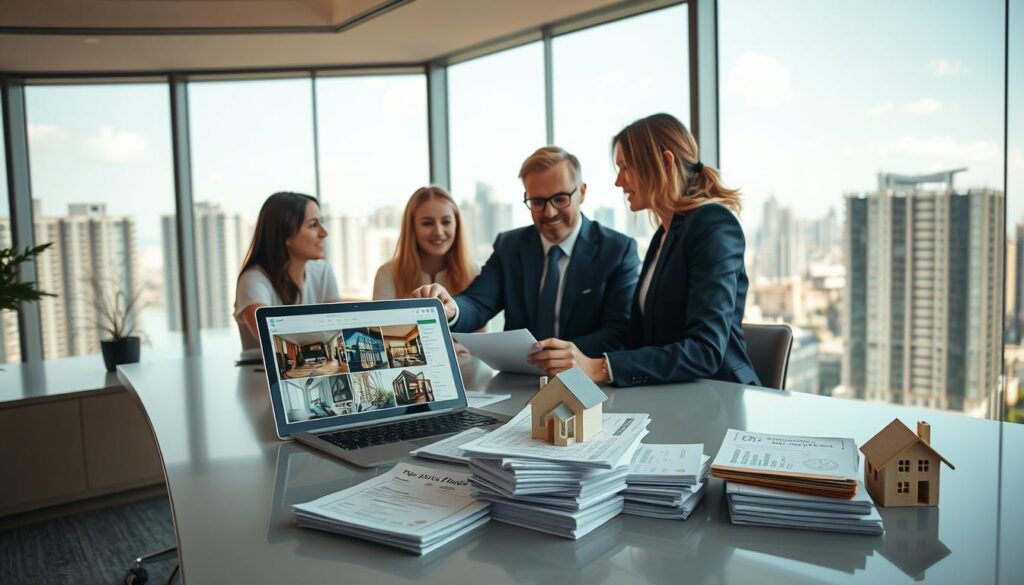 A modern, inviting office environment focused on real estate financing. In the foreground, a professional-looking couple sits at a sleek desk, reviewing financial documents with a real estate agent, who is dressed in business attire. The agent gestures towards a laptop screen displaying a calculator and images of apartments. In the middle, there are stacks of financial papers and a house model, symbolizing home ownership and mortgages. The background features large windows letting in natural light, showcasing a city skyline filled with modern apartment buildings. Soft lighting creates a warm, optimistic atmosphere, suggesting opportunities for homebuyers. Use a wide-angle lens for an expansive view, capturing the essence of financial empowerment through real estate. A modern, inviting office environment focused on real estate financing. In the foreground, a professional-looking couple sits at a sleek desk, reviewing financial documents with a real estate agent, who is dressed in business attire. The agent gestures towards a laptop screen displaying a calculator and images of apartments. In the middle, there are stacks of financial papers and a house model, symbolizing home ownership and mortgages. The background features large windows letting in natural light, showcasing a city skyline filled with modern apartment buildings. Soft lighting creates a warm, optimistic atmosphere, suggesting opportunities for homebuyers. Use a wide-angle lens for an expansive view, capturing the essence of financial empowerment through real estate.