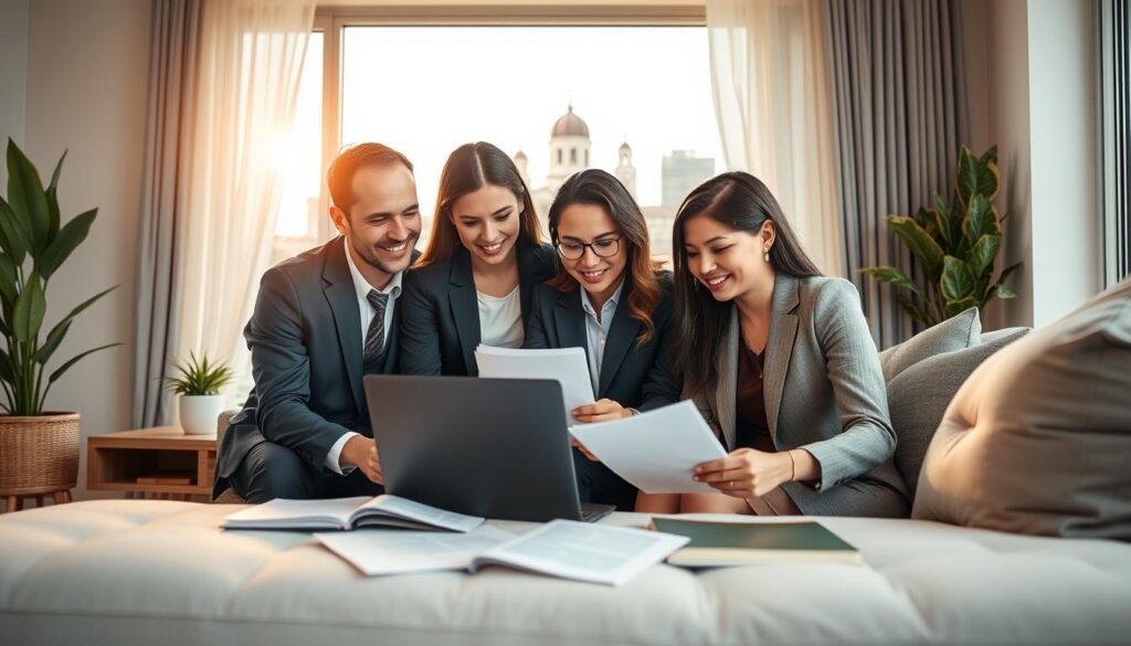 A modern living room setting showcasing the advantages of buying a property remotely. In the foreground, a diverse group of three people in professional business attire review property listings on a laptop, surrounded by documents and a notebook. In the middle, a large window with natural sunlight pouring in, offering a view of Maringá's skyline, including notable landmarks such as the Cathedral of Maringá. The background features a cozy color palette with houseplant accents and minimalist decor to convey warmth and comfort. The atmosphere should feel inviting, reflecting a sense of enthusiasm and optimism about remote property purchases. Use soft, warm lighting to enhance the comforting home environment, captured with a slight depth of field to focus on the group’s interaction. A modern living room setting showcasing the advantages of buying a property remotely. In the foreground, a diverse group of three people in professional business attire review property listings on a laptop, surrounded by documents and a notebook. In the middle, a large window with natural sunlight pouring in, offering a view of Maringá's skyline, including notable landmarks such as the Cathedral of Maringá. The background features a cozy color palette with houseplant accents and minimalist decor to convey warmth and comfort. The atmosphere should feel inviting, reflecting a sense of enthusiasm and optimism about remote property purchases. Use soft, warm lighting to enhance the comforting home environment, captured with a slight depth of field to focus on the group’s interaction.