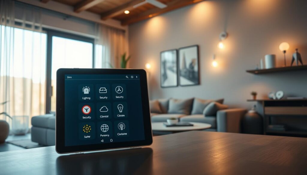 A modern living room showcasing IoT home automation features. In the foreground, a sleek tablet displays a smart home interface with icons for lighting, security, and climate control. The middle ground features a stylish sofa with comfortable, minimalist furniture, enhancing a sense of sophistication. A large window floods the space with natural light, casting warm shadows across the room. In the background, smart devices are subtly integrated: a smart thermostat on the wall, smart bulbs illuminating the space, and a voice assistant speaker on a shelf. The atmosphere is inviting and tech-savvy, embodying innovation and comfort, with a clean, contemporary aesthetic. The image is shot with a wide-angle lens to capture the full essence of the room, ensuring clarity and depth in the details without any text or overlays. A modern living room showcasing IoT home automation features. In the foreground, a sleek tablet displays a smart home interface with icons for lighting, security, and climate control. The middle ground features a stylish sofa with comfortable, minimalist furniture, enhancing a sense of sophistication. A large window floods the space with natural light, casting warm shadows across the room. In the background, smart devices are subtly integrated: a smart thermostat on the wall, smart bulbs illuminating the space, and a voice assistant speaker on a shelf. The atmosphere is inviting and tech-savvy, embodying innovation and comfort, with a clean, contemporary aesthetic. The image is shot with a wide-angle lens to capture the full essence of the room, ensuring clarity and depth in the details without any text or overlays.