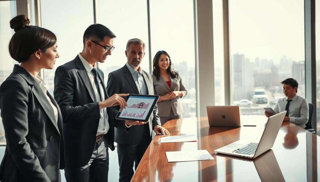 A modern office environment featuring a diverse group of professionals engaged in a discussion about real estate financing. In the foreground, a businesswoman in a smart suit points to a digital tablet displaying financial charts and a house icon. Next to her, a businessman in a tailored suit listens intently, while a financial advisor in business casual attire takes notes. The middle ground features a polished conference table with documents and a laptop, highlighting the seriousness of the conversation. In the background, large windows offer a view of a city skyline, drenched in natural sunlight, creating a bright and optimistic atmosphere. Soft shadows enhance the depth of the scene, suggesting professionalism and collaboration in exploring the concept of property financing. A modern office environment featuring a diverse group of professionals engaged in a discussion about real estate financing. In the foreground, a businesswoman in a smart suit points to a digital tablet displaying financial charts and a house icon. Next to her, a businessman in a tailored suit listens intently, while a financial advisor in business casual attire takes notes. The middle ground features a polished conference table with documents and a laptop, highlighting the seriousness of the conversation. In the background, large windows offer a view of a city skyline, drenched in natural sunlight, creating a bright and optimistic atmosphere. Soft shadows enhance the depth of the scene, suggesting professionalism and collaboration in exploring the concept of property financing.