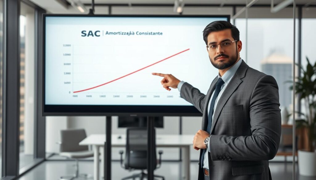 A modern office environment featuring a financial expert presenting a clear, engaging graph illustrating the "Sistema de Amortização Constante (SAC)." In the foreground, a focused professional in business attire stands confidently, pointing to the graph on a digital screen, showcasing a descending line representing the constant amortization concept. In the middle, the graph itself displays key numerical data and smooth lines with vibrant colors, highlighting the differences between SAC and other systems. The background shows a sleek office setting with soft, natural lighting filtering through large windows, creating a professional yet inviting atmosphere. The overall mood is informative and insightful, capturing the importance of understanding financial systems. A modern office environment featuring a financial expert presenting a clear, engaging graph illustrating the "Sistema de Amortização Constante (SAC)." In the foreground, a focused professional in business attire stands confidently, pointing to the graph on a digital screen, showcasing a descending line representing the constant amortization concept. In the middle, the graph itself displays key numerical data and smooth lines with vibrant colors, highlighting the differences between SAC and other systems. The background shows a sleek office setting with soft, natural lighting filtering through large windows, creating a professional yet inviting atmosphere. The overall mood is informative and insightful, capturing the importance of understanding financial systems.