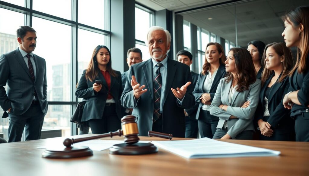 A modern office environment, featuring a professional-looking elderly lawyer discussing property rights. In the foreground, a table with legal documents and a gavel. In the middle, the lawyer, a thoughtful older man in a suit, is explaining concepts related to usucapião, engaging with a diverse group of attentive young professionals dressed in business attire. In the background, large windows allow natural light to flood the room, highlighting the seriousness of the discussion. The atmosphere is collaborative yet serious, emphasizing the authority of law and the practical implications of property rights. The lens used is a 35mm, with soft focus on the background to create depth and maintain focus on the lawyer and audience. A modern office environment, featuring a professional-looking elderly lawyer discussing property rights. In the foreground, a table with legal documents and a gavel. In the middle, the lawyer, a thoughtful older man in a suit, is explaining concepts related to usucapião, engaging with a diverse group of attentive young professionals dressed in business attire. In the background, large windows allow natural light to flood the room, highlighting the seriousness of the discussion. The atmosphere is collaborative yet serious, emphasizing the authority of law and the practical implications of property rights. The lens used is a 35mm, with soft focus on the background to create depth and maintain focus on the lawyer and audience.
