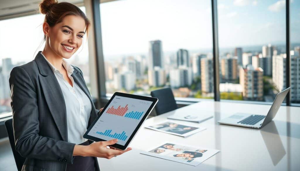 A modern office environment showcasing a professional discussing financial documents related to FGTS and real estate. In the foreground, a confident businesswoman in professional attire points at a digital tablet with graphs and charts displaying financial balances and potential property investments. In the middle ground, a sleek desk with property brochures and a laptop reflects the theme of home financing. The background features a large panoramic window revealing a cityscape with diverse residential buildings, symbolizing real estate opportunities. Soft, natural lighting illuminates the scene, creating an optimistic and informative atmosphere. The lens should have a slightly blurred depth of field, focusing on the subject while still hinting at the professional setting. A modern office environment showcasing a professional discussing financial documents related to FGTS and real estate. In the foreground, a confident businesswoman in professional attire points at a digital tablet with graphs and charts displaying financial balances and potential property investments. In the middle ground, a sleek desk with property brochures and a laptop reflects the theme of home financing. The background features a large panoramic window revealing a cityscape with diverse residential buildings, symbolizing real estate opportunities. Soft, natural lighting illuminates the scene, creating an optimistic and informative atmosphere. The lens should have a slightly blurred depth of field, focusing on the subject while still hinting at the professional setting.