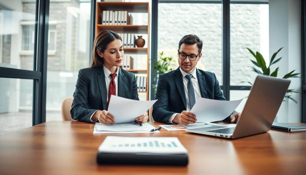 A modern office setting, focused on a professional male and female financial advisor in business attire discussing home financing options. In the foreground, a sleek wooden desk displays papers and a laptop with financial graphs. In the middle ground, large windows let in natural light, illuminating the advisors' serious expressions as they review loan documents. A bookshelf filled with finance books and a potted plant adds a touch of warmth in the background. Soft, diffused lighting creates a focus on the advisors, enhancing a mood of trust and professionalism. The angle is slightly above eye-level, offering a clear view of the interaction while maintaining a sense of depth in the room. A modern office setting, focused on a professional male and female financial advisor in business attire discussing home financing options. In the foreground, a sleek wooden desk displays papers and a laptop with financial graphs. In the middle ground, large windows let in natural light, illuminating the advisors' serious expressions as they review loan documents. A bookshelf filled with finance books and a potted plant adds a touch of warmth in the background. Soft, diffused lighting creates a focus on the advisors, enhancing a mood of trust and professionalism. The angle is slightly above eye-level, offering a clear view of the interaction while maintaining a sense of depth in the room.