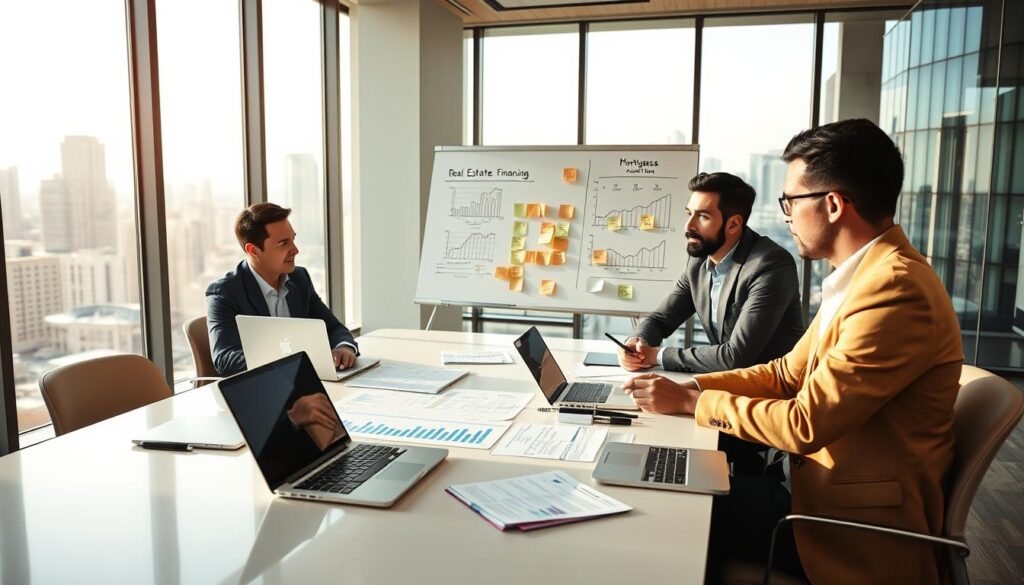A modern office setting focused on financial planning for real estate financing. In the foreground, a diverse group of three professionals—two men and one woman—dressed in smart business attire, are collaborating at a sleek conference table, surrounded by laptops, financial documents, and charts. The middle ground features a large whiteboard with graphs and post-it notes detailing a mortgage calculation process. The background includes floor-to-ceiling windows with a view of a city skyline, bathed in warm, natural light, creating a productive and positive atmosphere. The scene emphasizes teamwork and strategic planning, highlighting the essence of secure financial decision-making. The angle is slightly elevated, giving a comprehensive view of the collaboration in progress. A modern office setting focused on financial planning for real estate financing. In the foreground, a diverse group of three professionals—two men and one woman—dressed in smart business attire, are collaborating at a sleek conference table, surrounded by laptops, financial documents, and charts. The middle ground features a large whiteboard with graphs and post-it notes detailing a mortgage calculation process. The background includes floor-to-ceiling windows with a view of a city skyline, bathed in warm, natural light, creating a productive and positive atmosphere. The scene emphasizes teamwork and strategic planning, highlighting the essence of secure financial decision-making. The angle is slightly elevated, giving a comprehensive view of the collaboration in progress.