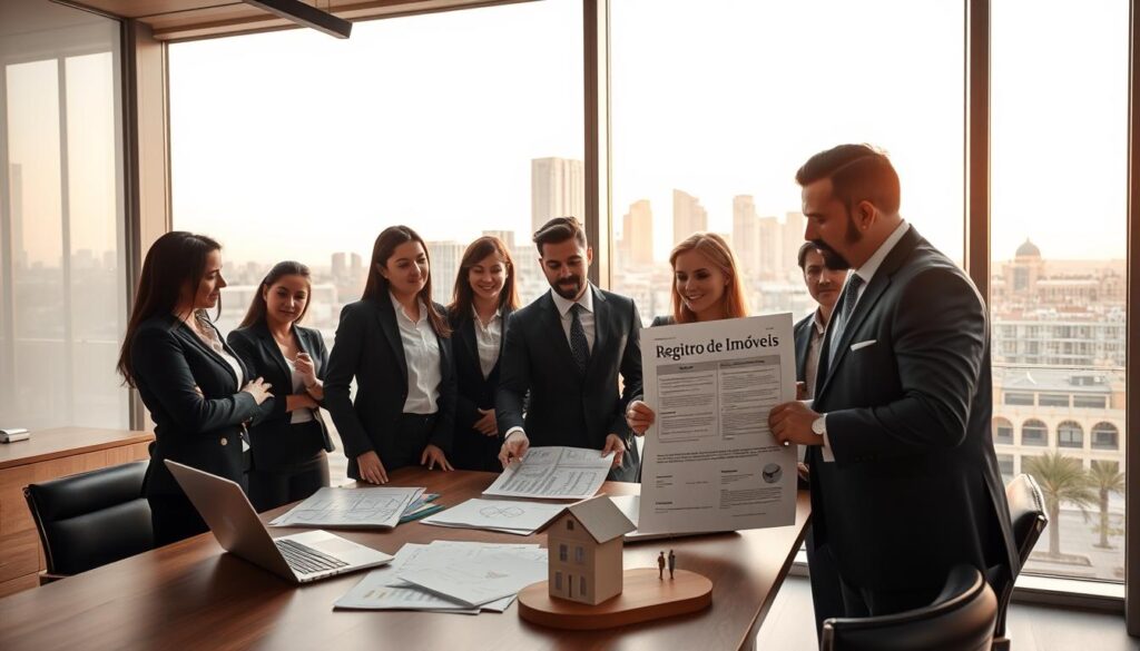 A modern office setting focused on the theme of real estate documentation. In the foreground, a diverse group of professionals in business attire is gathered around a table, reviewing paperwork related to property registration. One person is pointing at a large document titled "Registro de Imóveis." The middle ground features a well-organized desk with a laptop, charts, and a miniature model of a house. In the background, through a large window, a view of the Maringá skyline with its distinctive architecture is visible under warm afternoon lighting, giving a welcoming ambiance. The angle captures the energy and seriousness of the collaboration in a sleek, contemporary office space. A modern office setting focused on the theme of real estate documentation. In the foreground, a diverse group of professionals in business attire is gathered around a table, reviewing paperwork related to property registration. One person is pointing at a large document titled "Registro de Imóveis." The middle ground features a well-organized desk with a laptop, charts, and a miniature model of a house. In the background, through a large window, a view of the Maringá skyline with its distinctive architecture is visible under warm afternoon lighting, giving a welcoming ambiance. The angle captures the energy and seriousness of the collaboration in a sleek, contemporary office space.