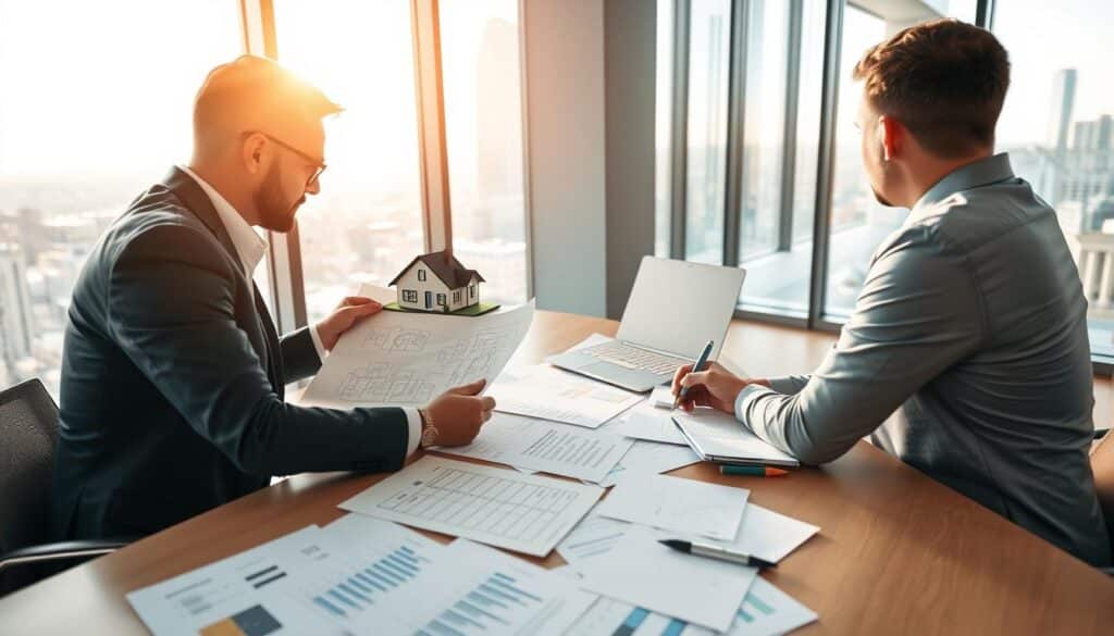 A modern office setting focuses on a professional financial advisor seated at a sleek desk, reviewing architectural plans for a house while working on a laptop displaying mortgage calculations. In the foreground, a well-dressed individual, a potential homebuyer, listens attentively, holding a pen and notepad for taking notes. The middle ground features scattered documents with graphs, financial charts, and home appraisal details, symbolizing real estate financing. The background showcases large windows with a cityscape view under natural sunlight, creating an optimistic atmosphere. The lighting is bright and warm, emphasizing a sense of professionalism and hope in financial planning for home ownership. The angle is slightly elevated, giving a comprehensive view of the collaborative discussion. A modern office setting focuses on a professional financial advisor seated at a sleek desk, reviewing architectural plans for a house while working on a laptop displaying mortgage calculations. In the foreground, a well-dressed individual, a potential homebuyer, listens attentively, holding a pen and notepad for taking notes. The middle ground features scattered documents with graphs, financial charts, and home appraisal details, symbolizing real estate financing. The background showcases large windows with a cityscape view under natural sunlight, creating an optimistic atmosphere. The lighting is bright and warm, emphasizing a sense of professionalism and hope in financial planning for home ownership. The angle is slightly elevated, giving a comprehensive view of the collaborative discussion.