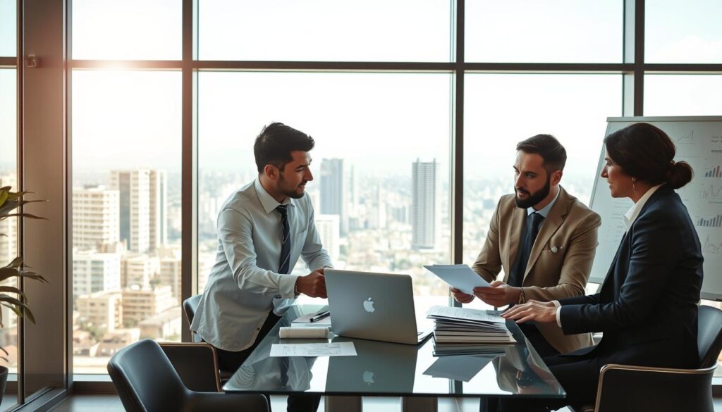 A modern office setting showcasing the concept of real estate financing. In the foreground, a diverse group of three professionals—two men and one woman—are engaged in discussion over documents and a laptop on a sleek, glass table. They are dressed in smart business attire. The middle ground features a large window with a view of a city skyline, filled with residential and commercial buildings. Bright natural light floods the room, creating a warm and inviting atmosphere. In the background, a whiteboard displaying financial charts and graphs illustrates the complexities of real estate financing. The overall mood is focused and collaborative, emphasizing strategic discussion about property investment. A modern office setting showcasing the concept of real estate financing. In the foreground, a diverse group of three professionals—two men and one woman—are engaged in discussion over documents and a laptop on a sleek, glass table. They are dressed in smart business attire. The middle ground features a large window with a view of a city skyline, filled with residential and commercial buildings. Bright natural light floods the room, creating a warm and inviting atmosphere. In the background, a whiteboard displaying financial charts and graphs illustrates the complexities of real estate financing. The overall mood is focused and collaborative, emphasizing strategic discussion about property investment.