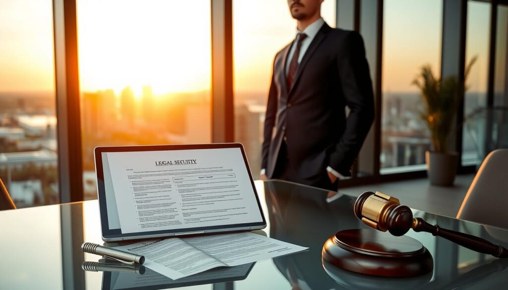 A modern office setting where a well-dressed real estate professional stands confidently at a sleek glass table. In the foreground, an open laptop displays legal documents related to property transactions, emphasizing the concept of legal security in real estate. Surrounding the professional are abstract representations of property deeds and a gavel, symbolizing legal authority and protection. The background features a large window with a panoramic view of a city skyline during golden hour, casting warm sunlight into the office, creating a calm and professional atmosphere. The lighting is soft and inviting, highlighting the focus on the documents and the professional demeanor, embodying trust and reliability in real estate transactions. A modern office setting where a well-dressed real estate professional stands confidently at a sleek glass table. In the foreground, an open laptop displays legal documents related to property transactions, emphasizing the concept of legal security in real estate. Surrounding the professional are abstract representations of property deeds and a gavel, symbolizing legal authority and protection. The background features a large window with a panoramic view of a city skyline during golden hour, casting warm sunlight into the office, creating a calm and professional atmosphere. The lighting is soft and inviting, highlighting the focus on the documents and the professional demeanor, embodying trust and reliability in real estate transactions.