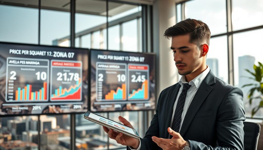 A modern office space featuring a detailed analysis of real estate market trends, focusing on price per square meter in Zona 07. In the foreground, a professional-looking individual, dressed in business attire, is analyzing graphs and charts displayed on a sleek tablet, with a focused expression. In the middle ground, there are large digital screens showcasing comparative data between Zona 07 and the average prices in Maringá, with engaging visuals emphasizing the data. The background is filled with cityscape views of Zona 07, under bright, natural daylight coming through large windows, enhancing the atmosphere of modernity and professionalism. The image conveys a mood of diligence and precision, ideal for a serious analytical article. A modern office space featuring a detailed analysis of real estate market trends, focusing on price per square meter in Zona 07. In the foreground, a professional-looking individual, dressed in business attire, is analyzing graphs and charts displayed on a sleek tablet, with a focused expression. In the middle ground, there are large digital screens showcasing comparative data between Zona 07 and the average prices in Maringá, with engaging visuals emphasizing the data. The background is filled with cityscape views of Zona 07, under bright, natural daylight coming through large windows, enhancing the atmosphere of modernity and professionalism. The image conveys a mood of diligence and precision, ideal for a serious analytical article.