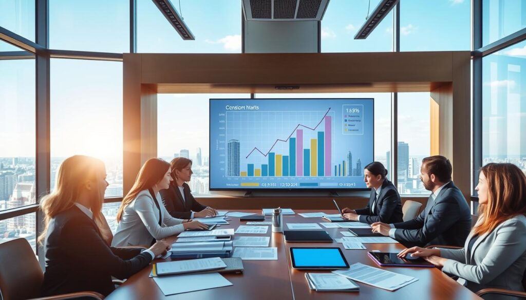 A modern office space showcasing the concept of real estate consortiums in Brazil. In the foreground, a business meeting scene with a diverse group of professionals dressed in smart business attire, gathered around a table covered in documents and digital tablets. The middle ground features a large screen displaying graphs and data related to real estate investments, symbolizing the upward trend and partnerships within the consortium. The background depicts a large window overlooking a city skyline, with clear blue skies and sunlight filtering in, creating an optimistic and professional atmosphere. Use soft, natural lighting to enhance the mood of collaboration and success, with a focus on clarity and detail. A modern office space showcasing the concept of real estate consortiums in Brazil. In the foreground, a business meeting scene with a diverse group of professionals dressed in smart business attire, gathered around a table covered in documents and digital tablets. The middle ground features a large screen displaying graphs and data related to real estate investments, symbolizing the upward trend and partnerships within the consortium. The background depicts a large window overlooking a city skyline, with clear blue skies and sunlight filtering in, creating an optimistic and professional atmosphere. Use soft, natural lighting to enhance the mood of collaboration and success, with a focus on clarity and detail.