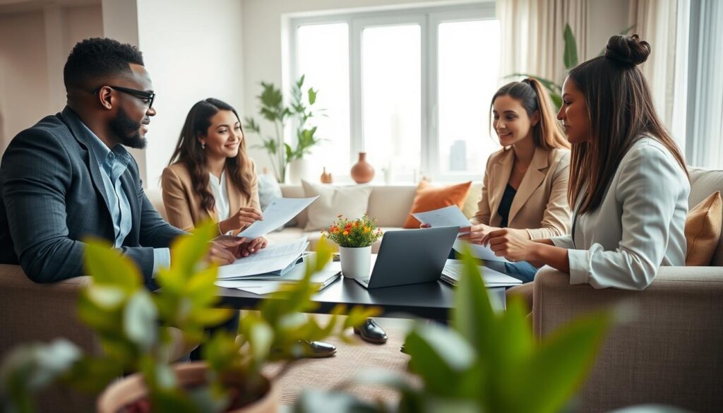 A modern, professional living space focusing on tenant rights. In the foreground, a diverse group of three individuals, a man and two women of different ethnicities, attentively discussing a rental agreement, all dressed in smart casual attire. They are sitting around a stylish coffee table cluttered with leasing documents and a laptop. In the middle ground, a bright and airy room features a cozy sofa and colorful plants, suggesting a welcoming home environment. The background shows an open window with natural light streaming in, highlighting a cityscape view. The atmosphere is collaborative and informative, with soft lighting that enhances the warmth and positivity of the space, captured from a slightly elevated angle to create depth. A modern, professional living space focusing on tenant rights. In the foreground, a diverse group of three individuals, a man and two women of different ethnicities, attentively discussing a rental agreement, all dressed in smart casual attire. They are sitting around a stylish coffee table cluttered with leasing documents and a laptop. In the middle ground, a bright and airy room features a cozy sofa and colorful plants, suggesting a welcoming home environment. The background shows an open window with natural light streaming in, highlighting a cityscape view. The atmosphere is collaborative and informative, with soft lighting that enhances the warmth and positivity of the space, captured from a slightly elevated angle to create depth.