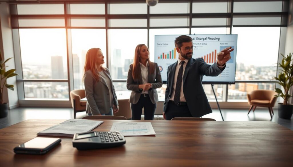 A modern, professional office interior depicting a financial advisor discussing real estate financing with a couple. In the foreground, a table with mortgage documents and a calculator, highlighting the financial aspect of home buying. In the middle, the couple, dressed in smart casual attire, attentively listening to the advisor, who is in business attire, pointing at a large presentation screen displaying graphs and key property features. The background features large windows with a city skyline, providing natural light and a sense of optimism. The atmosphere is focused and informative, conveying a sense of professionalism and trust in the home financing process. Soft, warm lighting enhances the welcoming mood. A modern, professional office interior depicting a financial advisor discussing real estate financing with a couple. In the foreground, a table with mortgage documents and a calculator, highlighting the financial aspect of home buying. In the middle, the couple, dressed in smart casual attire, attentively listening to the advisor, who is in business attire, pointing at a large presentation screen displaying graphs and key property features. The background features large windows with a city skyline, providing natural light and a sense of optimism. The atmosphere is focused and informative, conveying a sense of professionalism and trust in the home financing process. Soft, warm lighting enhances the welcoming mood.