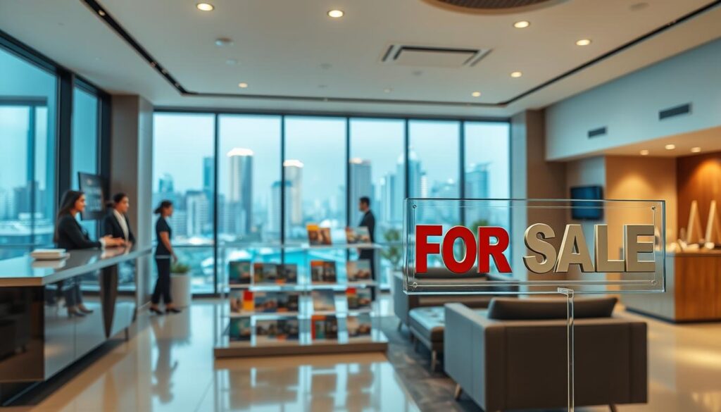 A modern real estate office in Maringá, Paraná, showcasing a vibrant "For Sale" display of various apartments in the foreground. The scene features a sleek reception area with professional staff dressed in smart business attire engaging with clients. In the middle ground, a clear glass display case holds colorful brochures of apartments, surrounded by comfortable seating. The background captures a brightly lit city skyline of Maringá with its unique architecture. Soft, natural light filters through large windows, creating an inviting atmosphere. The angle is slightly elevated, giving a panoramic view of the office space while highlighting the relevant real estate services. The mood is professional and welcoming, emphasizing trust and expertise in property transactions. A modern real estate office in Maringá, Paraná, showcasing a vibrant "For Sale" display of various apartments in the foreground. The scene features a sleek reception area with professional staff dressed in smart business attire engaging with clients. In the middle ground, a clear glass display case holds colorful brochures of apartments, surrounded by comfortable seating. The background captures a brightly lit city skyline of Maringá with its unique architecture. Soft, natural light filters through large windows, creating an inviting atmosphere. The angle is slightly elevated, giving a panoramic view of the office space while highlighting the relevant real estate services. The mood is professional and welcoming, emphasizing trust and expertise in property transactions.