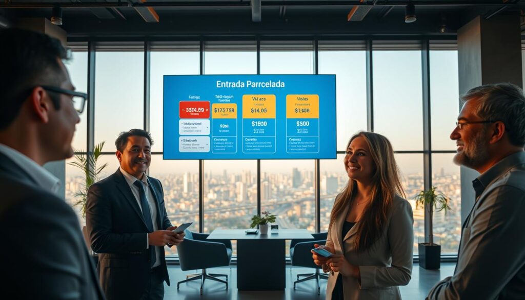 A modern real estate office in Maringá, showcasing a professional atmosphere. In the foreground, a friendly real estate agent in business attire discusses financing options with a couple. The middle ground features a large digital screen displaying an infographic about "Entrada Parcelada," illustrating payment breakdowns with clear visuals. Behind them, a stylish office with floor-to-ceiling windows offers a view of Maringá's skyline, bathed in warm afternoon light. Use a wide-angle lens to capture the dynamic exchange and the vibrant environment, creating a mood of optimism and opportunity. Aim for soft shadows to enhance the welcoming feel of the setting. A modern real estate office in Maringá, showcasing a professional atmosphere. In the foreground, a friendly real estate agent in business attire discusses financing options with a couple. The middle ground features a large digital screen displaying an infographic about "Entrada Parcelada," illustrating payment breakdowns with clear visuals. Behind them, a stylish office with floor-to-ceiling windows offers a view of Maringá's skyline, bathed in warm afternoon light. Use a wide-angle lens to capture the dynamic exchange and the vibrant environment, creating a mood of optimism and opportunity. Aim for soft shadows to enhance the welcoming feel of the setting.