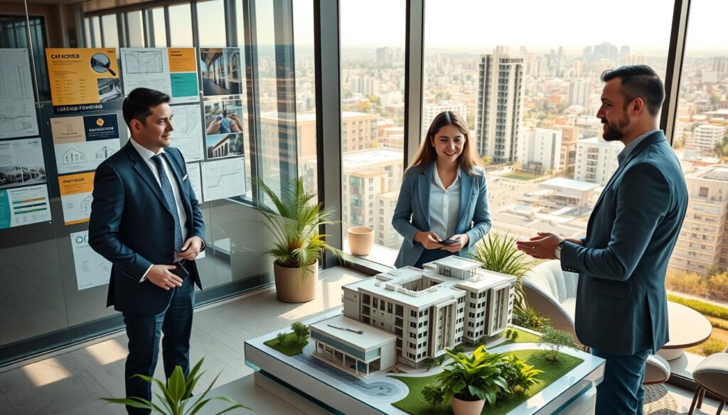 A modern real estate office in Maringá specializing in off-plan property sales, showcasing large glass windows filled with blueprints and colorful promotional materials. In the foreground, a confident real estate agent in a smart business suit is discussing plans with a young couple, both dressed in casual professional attire, thoughtfully examining a detailed architectural model of a new residential development. The middle ground features an inviting reception area with stylish furniture and plants adding freshness. In the background, a cityscape view of Maringá with its notable architecture, under bright and warm afternoon lighting that creates an optimistic and welcoming mood, with soft shadows enhancing depth. The overall atmosphere conveys excitement and opportunity in purchasing property before it’s built. A modern real estate office in Maringá specializing in off-plan property sales, showcasing large glass windows filled with blueprints and colorful promotional materials. In the foreground, a confident real estate agent in a smart business suit is discussing plans with a young couple, both dressed in casual professional attire, thoughtfully examining a detailed architectural model of a new residential development. The middle ground features an inviting reception area with stylish furniture and plants adding freshness. In the background, a cityscape view of Maringá with its notable architecture, under bright and warm afternoon lighting that creates an optimistic and welcoming mood, with soft shadows enhancing depth. The overall atmosphere conveys excitement and opportunity in purchasing property before it’s built.