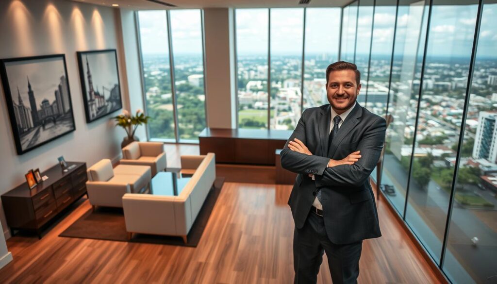 A modern real estate office in Zona 7, Maringá, featuring a sleek and inviting design. In the foreground, a professional real estate agent, dressed in business attire, stands confidently with arms crossed, smiling welcomingly. The middle section shows a stylish reception area with contemporary furniture and large windows that let in warm, natural light. On the walls, elegant artworks depict local landmarks. In the background, a panoramic view of Maringá's skyline is visible through the glass, showcasing green parks and urban development. The ambiance is bright and professional, exuding trustworthiness and professionalism, highlighting the importance of choosing the right real estate partner in this sought-after area. The angle of the shot is slightly above eye level, creating a spacious feel. A modern real estate office in Zona 7, Maringá, featuring a sleek and inviting design. In the foreground, a professional real estate agent, dressed in business attire, stands confidently with arms crossed, smiling welcomingly. The middle section shows a stylish reception area with contemporary furniture and large windows that let in warm, natural light. On the walls, elegant artworks depict local landmarks. In the background, a panoramic view of Maringá's skyline is visible through the glass, showcasing green parks and urban development. The ambiance is bright and professional, exuding trustworthiness and professionalism, highlighting the importance of choosing the right real estate partner in this sought-after area. The angle of the shot is slightly above eye level, creating a spacious feel.