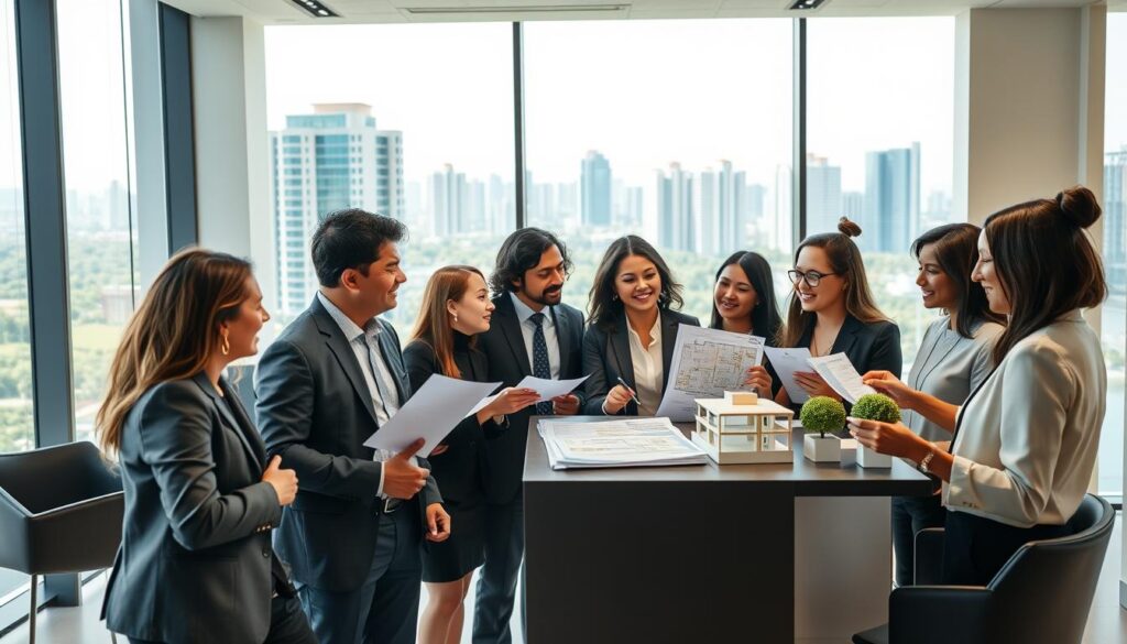 A modern real estate office interior in Maringá, featuring a sleek, welcoming atmosphere, with large windows letting in natural light. In the foreground, a diverse group of professionals in smart business attire are engaged in a discussion, reviewing apartment plans and financial options, with expressions of enthusiasm and collaboration. In the middle ground, a stylish desk displays brochures and models of contemporary apartments, highlighting flexible payment options. The background shows a panoramic view of Maringá's skyline, with distinctive architecture featuring lush greenery. The lighting is bright and inviting, creating a positive and optimistic mood, capturing the essence of flexible financial opportunities in apartment purchasing. Angle: slightly elevated, giving a broad perspective of the scene. A modern real estate office interior in Maringá, featuring a sleek, welcoming atmosphere, with large windows letting in natural light. In the foreground, a diverse group of professionals in smart business attire are engaged in a discussion, reviewing apartment plans and financial options, with expressions of enthusiasm and collaboration. In the middle ground, a stylish desk displays brochures and models of contemporary apartments, highlighting flexible payment options. The background shows a panoramic view of Maringá's skyline, with distinctive architecture featuring lush greenery. The lighting is bright and inviting, creating a positive and optimistic mood, capturing the essence of flexible financial opportunities in apartment purchasing. Angle: slightly elevated, giving a broad perspective of the scene.