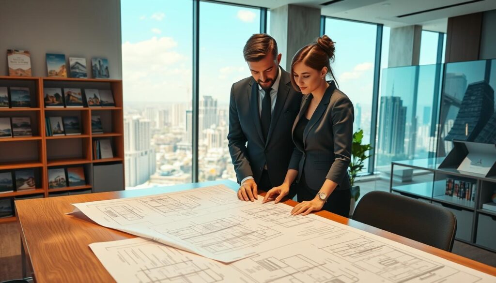 A modern real estate office interior, showcasing a large table with blueprints and architectural plans of residential buildings on it, symbolizing the concept of buying property off-plan. In the foreground, two professionals in business attire, a man and a woman, examine the plans closely, discussing details with focused expressions. The middle ground features a large window revealing a vibrant city skyline, illustrating future construction sites, while natural light streams in, creating a warm, inviting atmosphere. The background includes shelves filled with property portfolios and marketing materials, enhancing the professional setting. The overall mood conveys trust and optimism about investing in real estate. A modern real estate office interior, showcasing a large table with blueprints and architectural plans of residential buildings on it, symbolizing the concept of buying property off-plan. In the foreground, two professionals in business attire, a man and a woman, examine the plans closely, discussing details with focused expressions. The middle ground features a large window revealing a vibrant city skyline, illustrating future construction sites, while natural light streams in, creating a warm, inviting atmosphere. The background includes shelves filled with property portfolios and marketing materials, enhancing the professional setting. The overall mood conveys trust and optimism about investing in real estate.