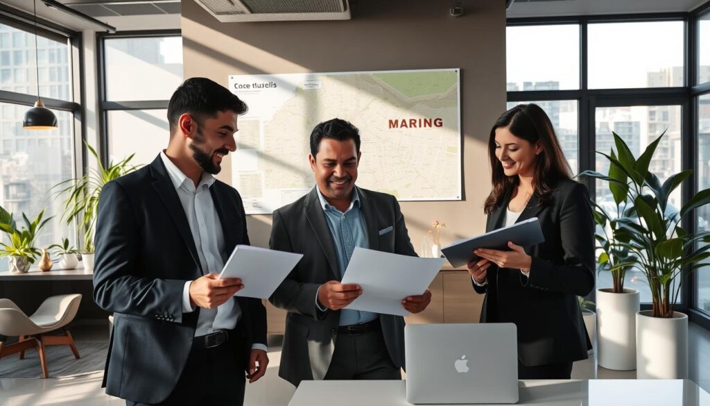 A modern real estate office interior, showcasing a professional atmosphere with an elegantly designed workstation. In the foreground, a diverse group of three individuals—two men and one woman—dressed in professional business attire, are animatedly discussing property details while reviewing documents and a laptop. The middle layer includes a large map of Maringá pinned to the wall, highlighting key neighborhoods. Natural light streams in through large windows, casting soft shadows and creating a warm, inviting ambiance. In the background, contemporary decor and potted plants add a touch of freshness. The overall mood is focused and optimistic, reflecting the journey of utilizing FGTS for purchasing a home. A modern real estate office interior, showcasing a professional atmosphere with an elegantly designed workstation. In the foreground, a diverse group of three individuals—two men and one woman—dressed in professional business attire, are animatedly discussing property details while reviewing documents and a laptop. The middle layer includes a large map of Maringá pinned to the wall, highlighting key neighborhoods. Natural light streams in through large windows, casting soft shadows and creating a warm, inviting ambiance. In the background, contemporary decor and potted plants add a touch of freshness. The overall mood is focused and optimistic, reflecting the journey of utilizing FGTS for purchasing a home.