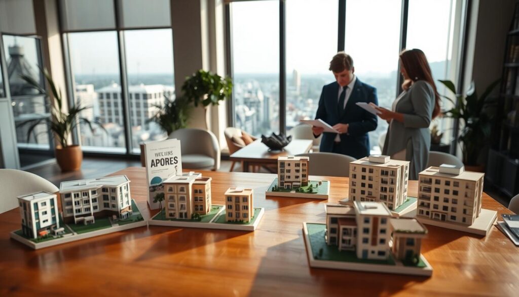 A modern real estate office interior showcasing various apartments for sale. In the foreground, a polished wooden table displays brochures and models of apartments, emphasizing their features. The middle ground features a professional real estate agent in business attire, engaged with a couple discussing options and viewing plans on a laptop. The background reveals large windows providing natural light, with an inviting cityscape of Maringá visible outside. Soft, diffused lighting enhances the welcoming atmosphere, while the decor reflects a contemporary style with neutral colors and elegant furnishings, creating a sense of trust and reliability. The overall mood is professional yet friendly, capturing the essence of choosing a trustworthy real estate partner. A modern real estate office interior showcasing various apartments for sale. In the foreground, a polished wooden table displays brochures and models of apartments, emphasizing their features. The middle ground features a professional real estate agent in business attire, engaged with a couple discussing options and viewing plans on a laptop. The background reveals large windows providing natural light, with an inviting cityscape of Maringá visible outside. Soft, diffused lighting enhances the welcoming atmosphere, while the decor reflects a contemporary style with neutral colors and elegant furnishings, creating a sense of trust and reliability. The overall mood is professional yet friendly, capturing the essence of choosing a trustworthy real estate partner.