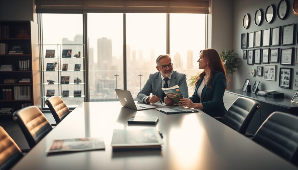 A modern real estate office setting in Maringá, Paraná, showcasing a professional environment. In the foreground, a well-dressed real estate agent, a middle-aged man, and a woman discussing properties together at a sleek conference table with property brochures and a laptop. The middle ground features a large window displaying a view of the city's skyline, bathed in warm afternoon sunlight. In the background, stylish shelving filled with property listings and a wall adorned with certificates and awards enhance the professionalism of the space. The mood is dynamic and encouraging, with soft natural light creating an inviting atmosphere. Use a wide-angle lens to capture the depth of the office, ensuring clarity and focus on the engaging interaction between the agents. A modern real estate office setting in Maringá, Paraná, showcasing a professional environment. In the foreground, a well-dressed real estate agent, a middle-aged man, and a woman discussing properties together at a sleek conference table with property brochures and a laptop. The middle ground features a large window displaying a view of the city's skyline, bathed in warm afternoon sunlight. In the background, stylish shelving filled with property listings and a wall adorned with certificates and awards enhance the professionalism of the space. The mood is dynamic and encouraging, with soft natural light creating an inviting atmosphere. Use a wide-angle lens to capture the depth of the office, ensuring clarity and focus on the engaging interaction between the agents.