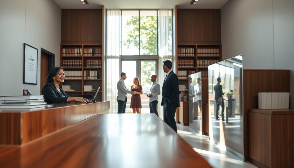 A modern real estate registry office in Maringá, Brazil, showcasing a sleek, professional interior. In the foreground, a polished wooden reception desk with a friendly clerk in business attire greeting clients. In the middle ground, diverse individuals, including a couple in modest casual clothing and a businessman in a suit, discussing property documents. The background features shelves filled with neatly organized legal books and a large window allowing natural light to illuminate the room, creating a warm and welcoming atmosphere. Soft shadows enhance the depth, while a hint of greenery from outside adds a refreshing touch. The angle captures both the clerical activity and the serene environment, emphasizing the importance of these institutions in property registration. A modern real estate registry office in Maringá, Brazil, showcasing a sleek, professional interior. In the foreground, a polished wooden reception desk with a friendly clerk in business attire greeting clients. In the middle ground, diverse individuals, including a couple in modest casual clothing and a businessman in a suit, discussing property documents. The background features shelves filled with neatly organized legal books and a large window allowing natural light to illuminate the room, creating a warm and welcoming atmosphere. Soft shadows enhance the depth, while a hint of greenery from outside adds a refreshing touch. The angle captures both the clerical activity and the serene environment, emphasizing the importance of these institutions in property registration.