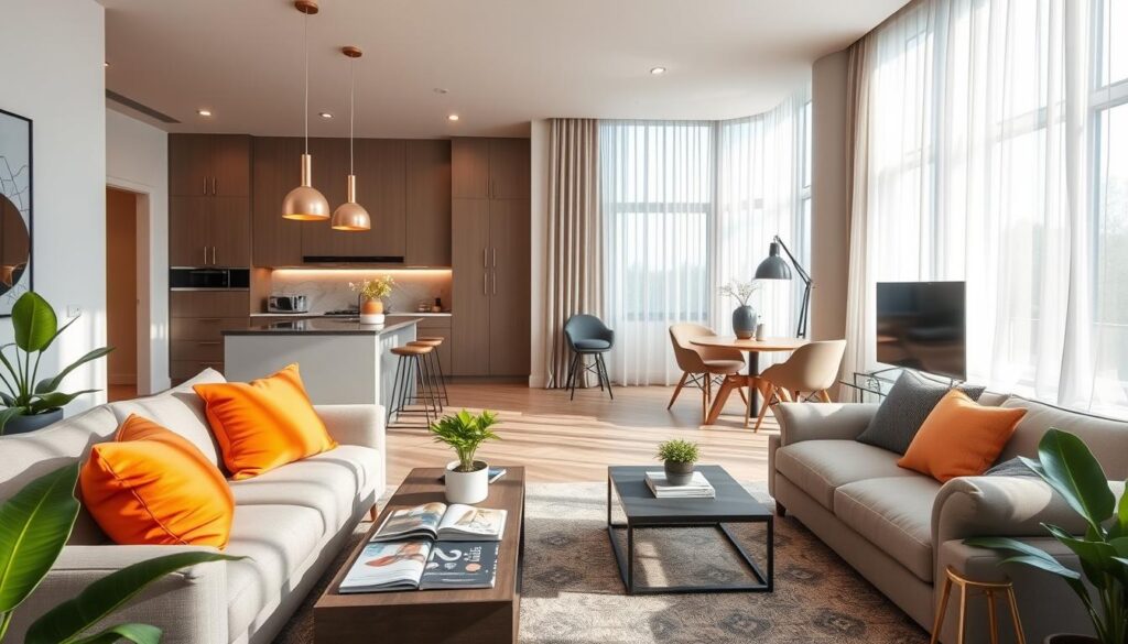 A modern residential apartment interior designed for rental, featuring an open-concept layout with a cozy living room, a chic kitchen, and a small dining area. The foreground includes a stylish sofa with bright throw pillows, a coffee table adorned with magazines, and indoor plants adding a fresh touch. In the middle, a kitchen island with bar stools invites social interaction, while elegant pendant lighting creates a warm ambiance. The background showcases large windows with sheer curtains, allowing natural light to flood the space with a welcoming glow. The atmosphere is inviting and serene, perfect for potential renters, emphasizing a lifestyle of comfort and modern living. The image is captured from a slight angle to showcase depth with soft, diffused lighting for a contemporary feel. A modern residential apartment interior designed for rental, featuring an open-concept layout with a cozy living room, a chic kitchen, and a small dining area. The foreground includes a stylish sofa with bright throw pillows, a coffee table adorned with magazines, and indoor plants adding a fresh touch. In the middle, a kitchen island with bar stools invites social interaction, while elegant pendant lighting creates a warm ambiance. The background showcases large windows with sheer curtains, allowing natural light to flood the space with a welcoming glow. The atmosphere is inviting and serene, perfect for potential renters, emphasizing a lifestyle of comfort and modern living. The image is captured from a slight angle to showcase depth with soft, diffused lighting for a contemporary feel.
