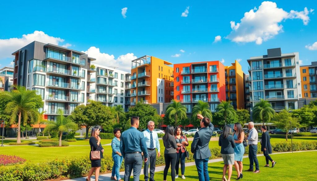 A modern skyline of Maringá's new center, showcasing a variety of stylish residential apartments with large glass balconies and greenery. In the foreground, include people in professional business attire engaging in conversation near a well-maintained park. The middle ground should feature the apartments with a contemporary architectural style, emphasizing clean lines and vibrant facades. The background reveals a clear blue sky with soft, fluffy clouds, highlighting the urban landscape. Soft, natural lighting bathes the scene, creating a warm and inviting atmosphere. Use a wide-angle lens perspective to capture the bustling life of the city, emphasizing a sense of community and modern living. The overall mood is lively yet professional, reflecting the appeal of the new residential area in Maringá. A modern skyline of Maringá's new center, showcasing a variety of stylish residential apartments with large glass balconies and greenery. In the foreground, include people in professional business attire engaging in conversation near a well-maintained park. The middle ground should feature the apartments with a contemporary architectural style, emphasizing clean lines and vibrant facades. The background reveals a clear blue sky with soft, fluffy clouds, highlighting the urban landscape. Soft, natural lighting bathes the scene, creating a warm and inviting atmosphere. Use a wide-angle lens perspective to capture the bustling life of the city, emphasizing a sense of community and modern living. The overall mood is lively yet professional, reflecting the appeal of the new residential area in Maringá.