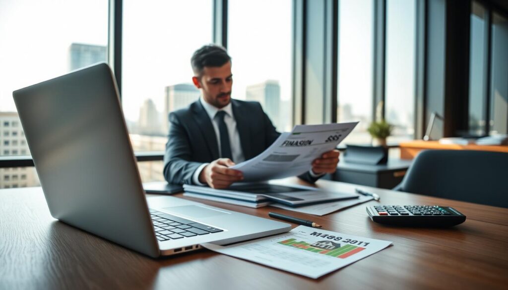 A modern, sleek office space focusing on a financial calculation theme. In the foreground, a wooden desk is neatly arranged with essential items: a laptop open to a financial spreadsheet, a stack of documents showcasing a property listing and mortgage details, and a calculator. The middle layer features a professional-looking individual in business attire, analyzing the documents intently. In the background, large windows reveal a city skyline, enhancing the ambiance with natural light streaming in. Soft shadows underscore the seriousness of financial planning. The overall mood is of focused professionalism, reflecting an environment where critical decisions regarding real estate financing take place. A modern, sleek office space focusing on a financial calculation theme. In the foreground, a wooden desk is neatly arranged with essential items: a laptop open to a financial spreadsheet, a stack of documents showcasing a property listing and mortgage details, and a calculator. The middle layer features a professional-looking individual in business attire, analyzing the documents intently. In the background, large windows reveal a city skyline, enhancing the ambiance with natural light streaming in. Soft shadows underscore the seriousness of financial planning. The overall mood is of focused professionalism, reflecting an environment where critical decisions regarding real estate financing take place.